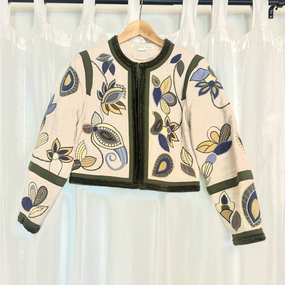 Veronica Beard Womens Beige Benicia Embroidered Silk Beaded Jacket